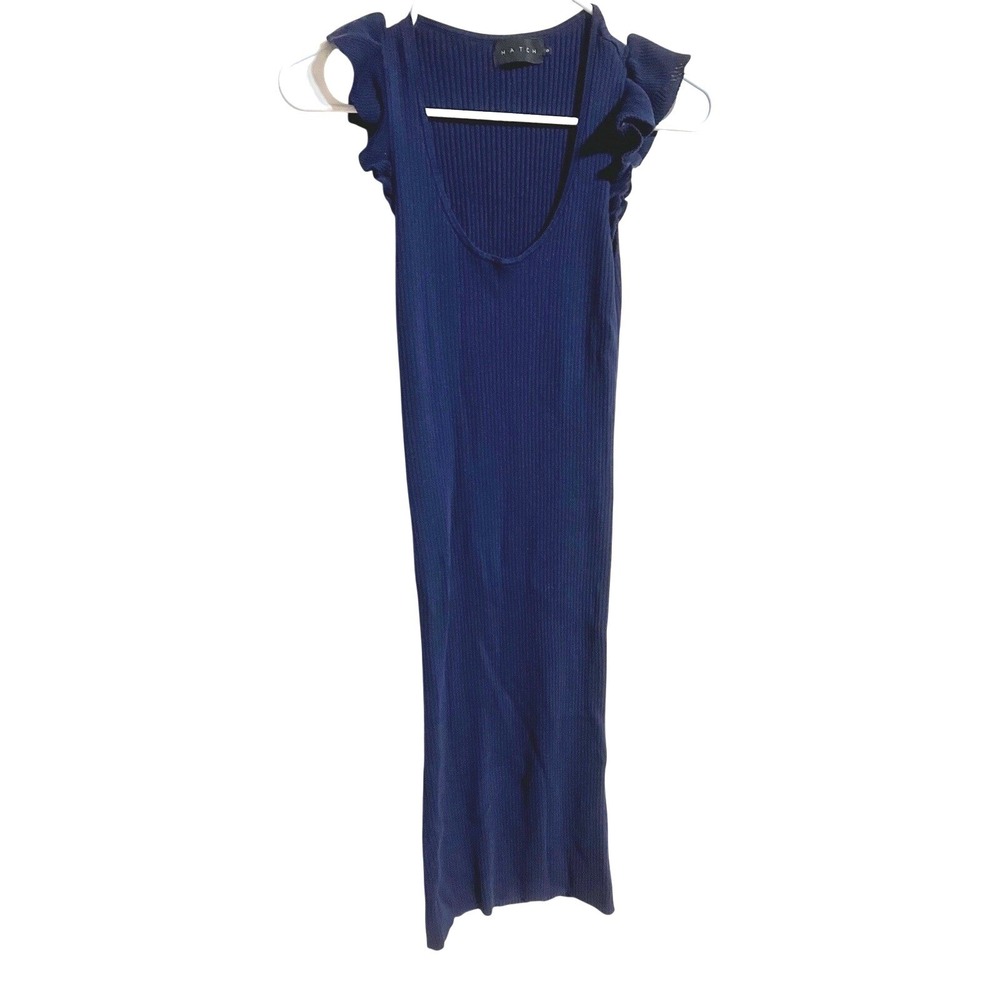 Hatch Maternity Navy Blue Ribbed Knit Ruffle Cap Sleeve Bodycon Midi Dress 0